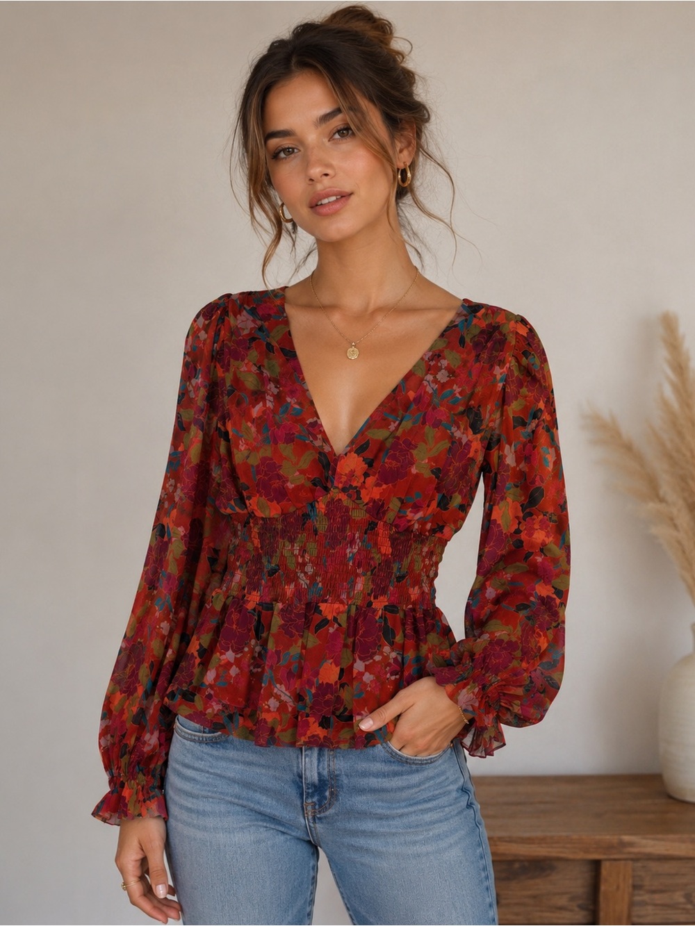 DR2 Floral Smocked Peplum Blouse XS Boho Long Sleeve Top